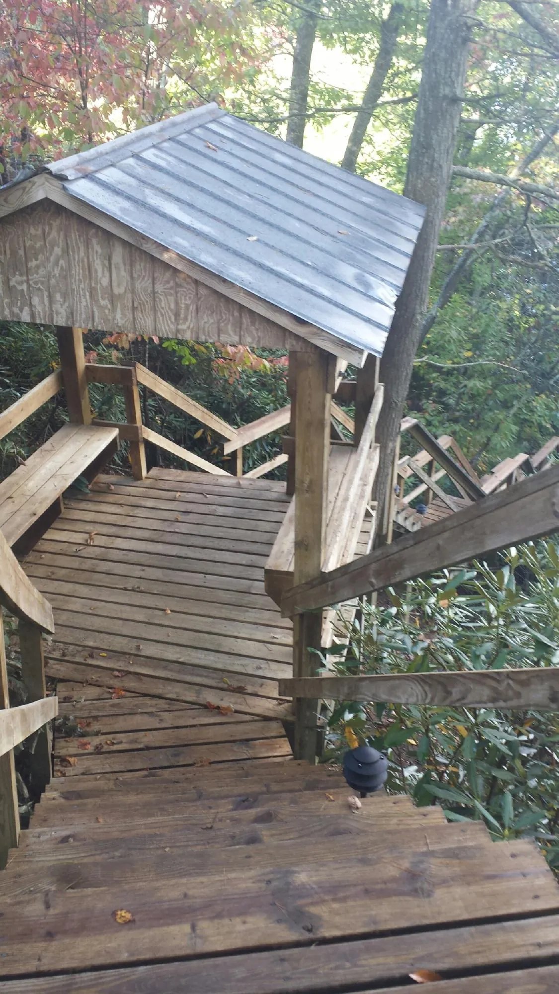 Metal roofed shelter over wooden steps on a wooded walkway — Skylight Repair & Installation work by our crew in Cuddy